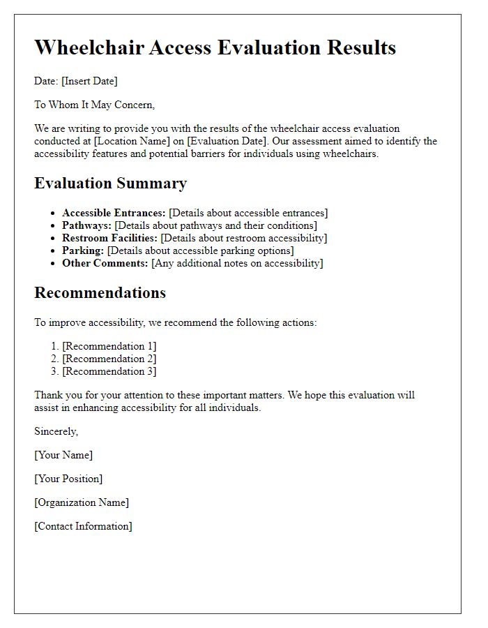 Letter template of wheelchair access evaluation results