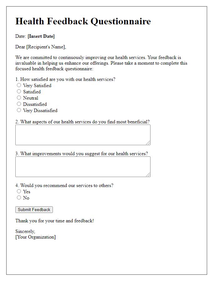 Letter template of focused health feedback questionnaire