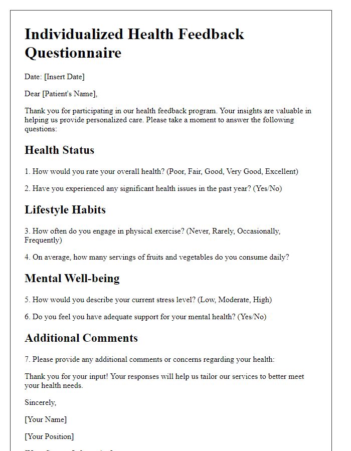 Letter template of individualized health feedback questionnaire