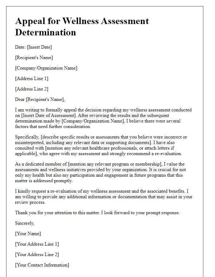 Letter template of specialized wellness assessment appeal