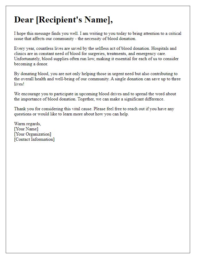 Letter template of awareness raising for blood donation necessity.