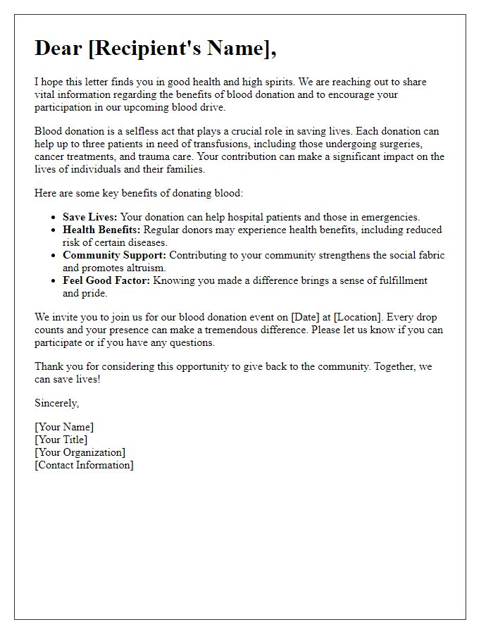 Letter template of educational outreach on blood donation benefits.