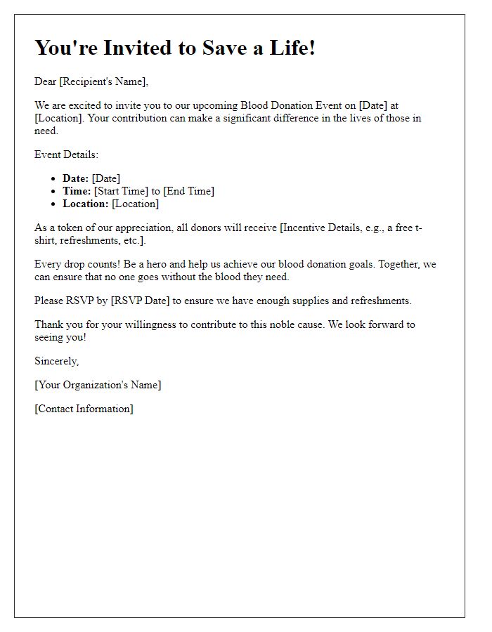 Letter template of incentive invitation for blood donation events.