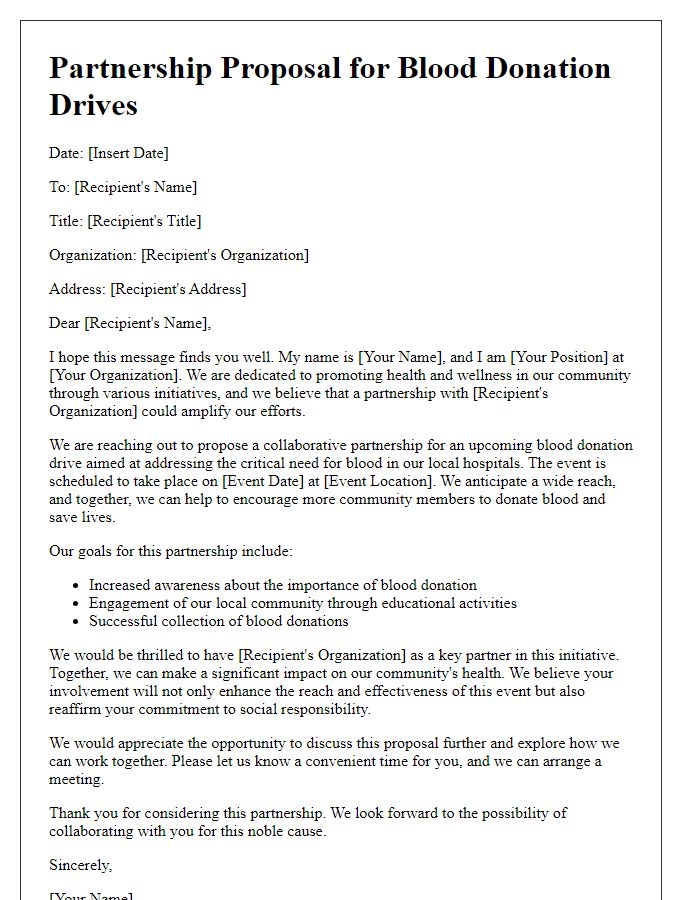 Letter template of partnership proposal for blood donation drives.