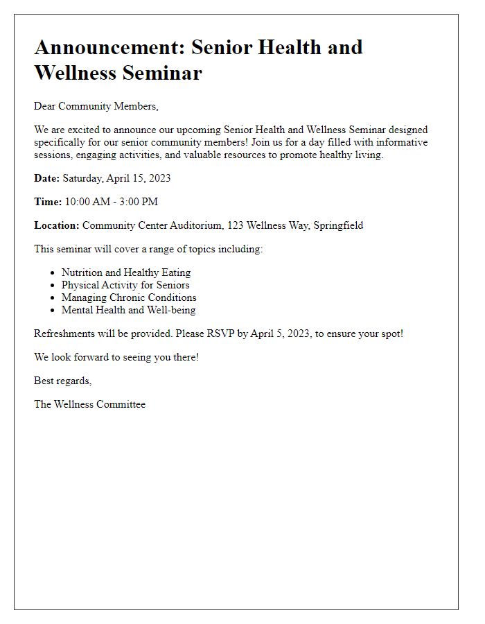 Letter template of announcement for senior health and wellness seminar