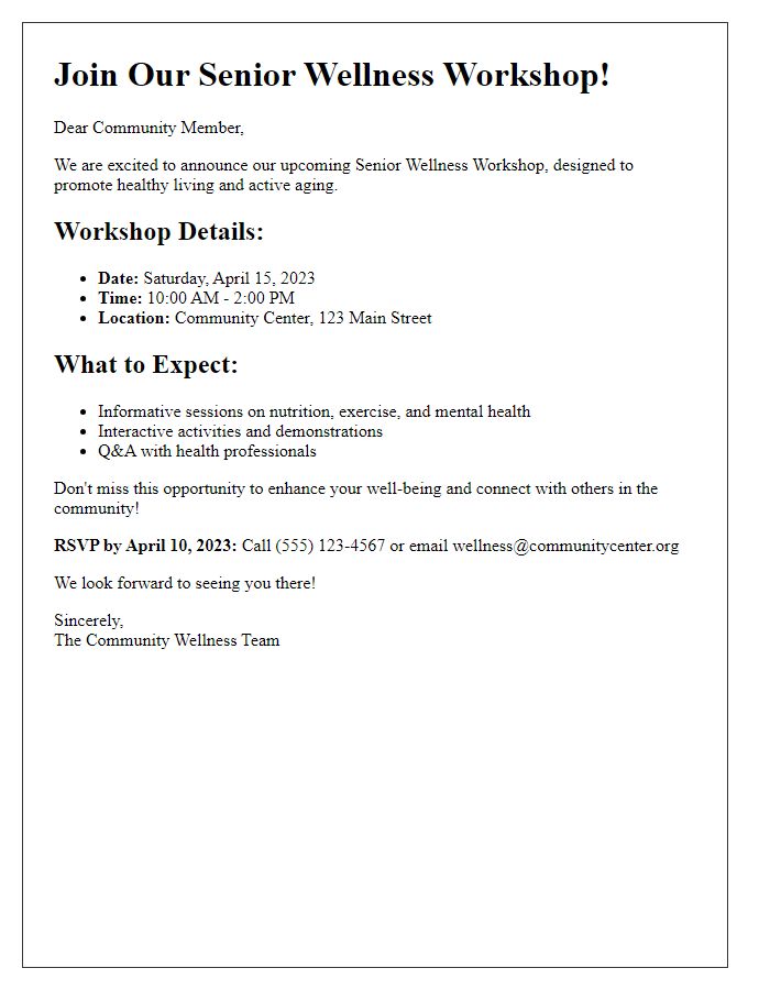 Letter template of flyer for senior wellness workshop availability