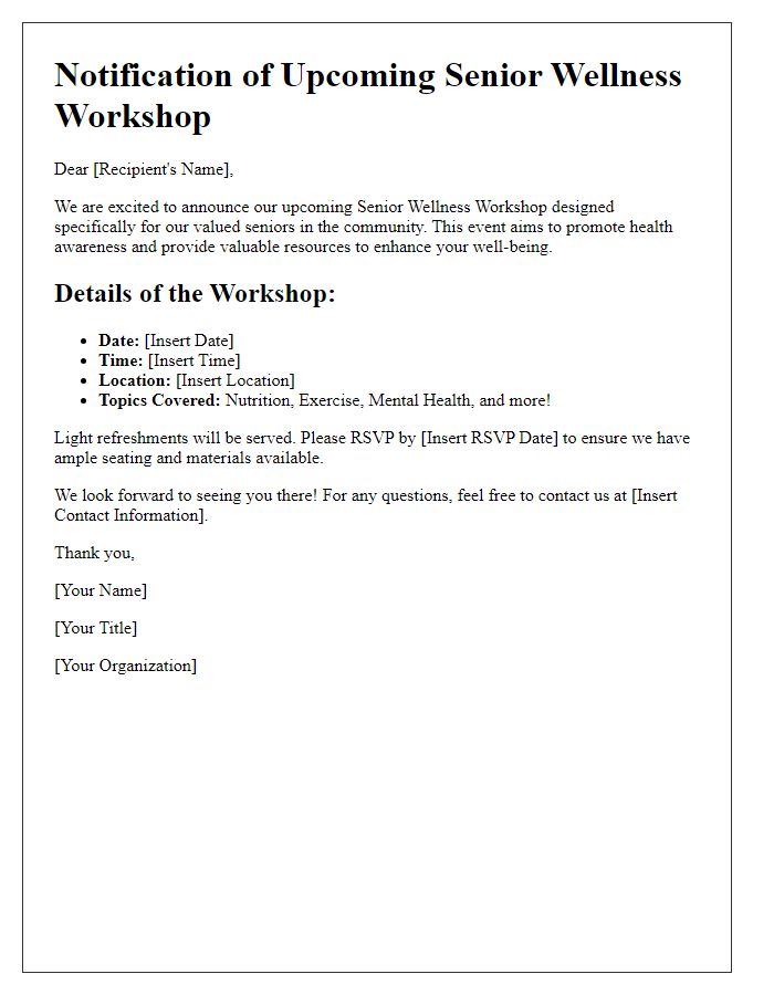 Letter template of notification for upcoming senior wellness workshop