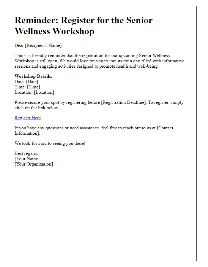 Letter template of reminder for senior wellness workshop registration