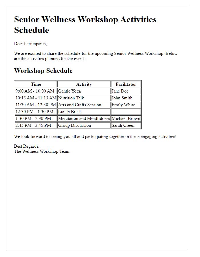 Letter template of schedule for senior wellness workshop activities