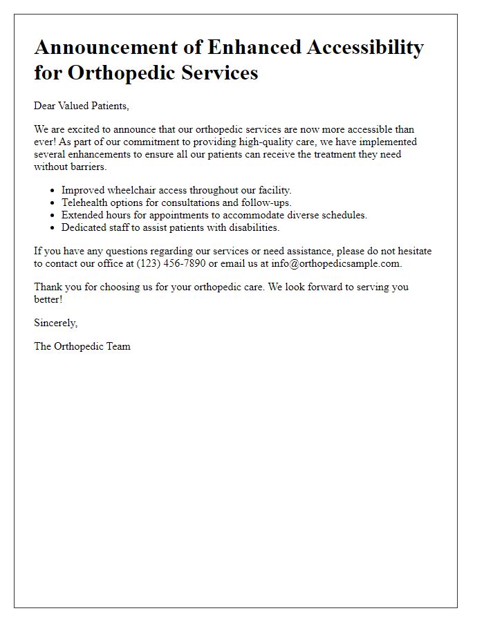 Letter template of orthopedic service accessibility announcement