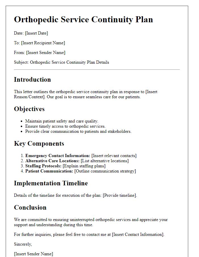 Letter template of orthopedic service continuity plan details