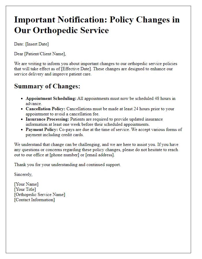 Letter template of orthopedic service policy changes notification