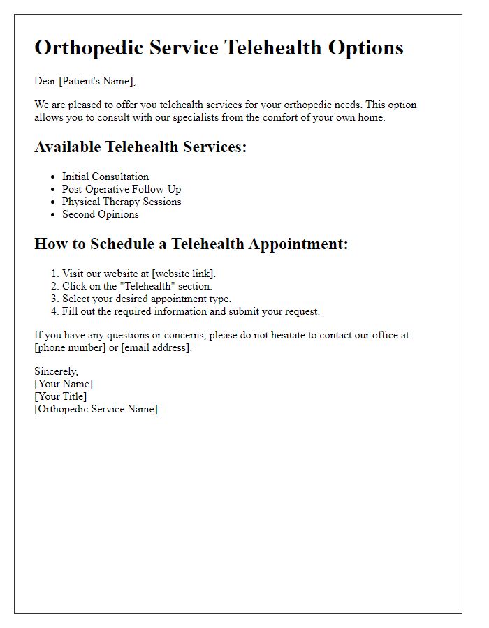 Letter template of orthopedic service telehealth options information