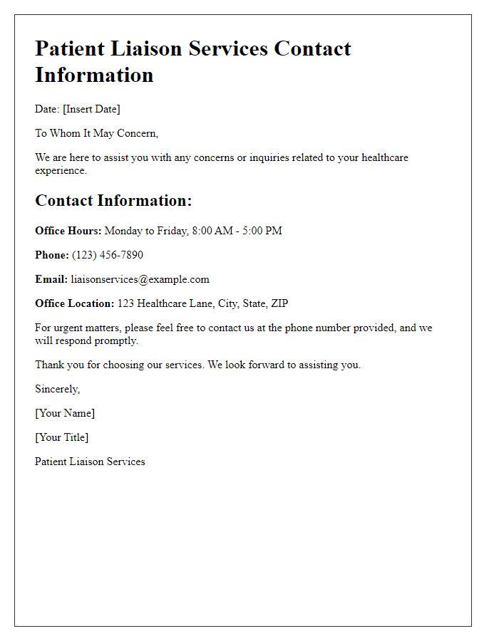 Letter template of contact information for patient liaison services