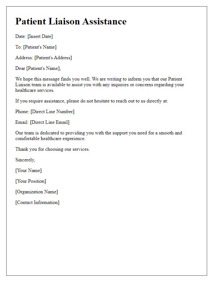 Letter template of direct line for patient liaison assistance