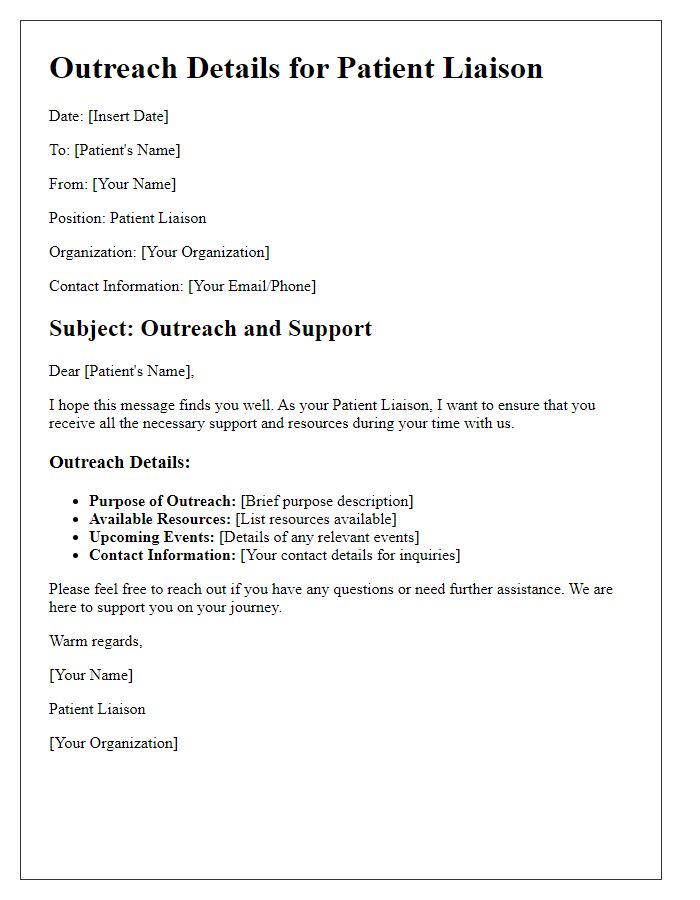 Letter template of outreach details for patient liaison