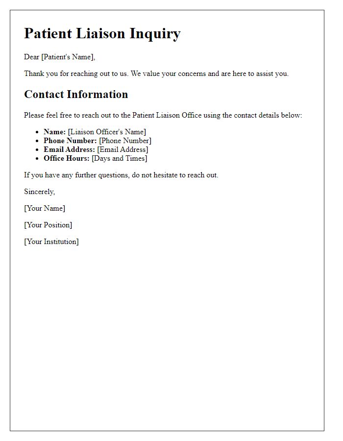 Letter template of patient liaison inquiry contact information