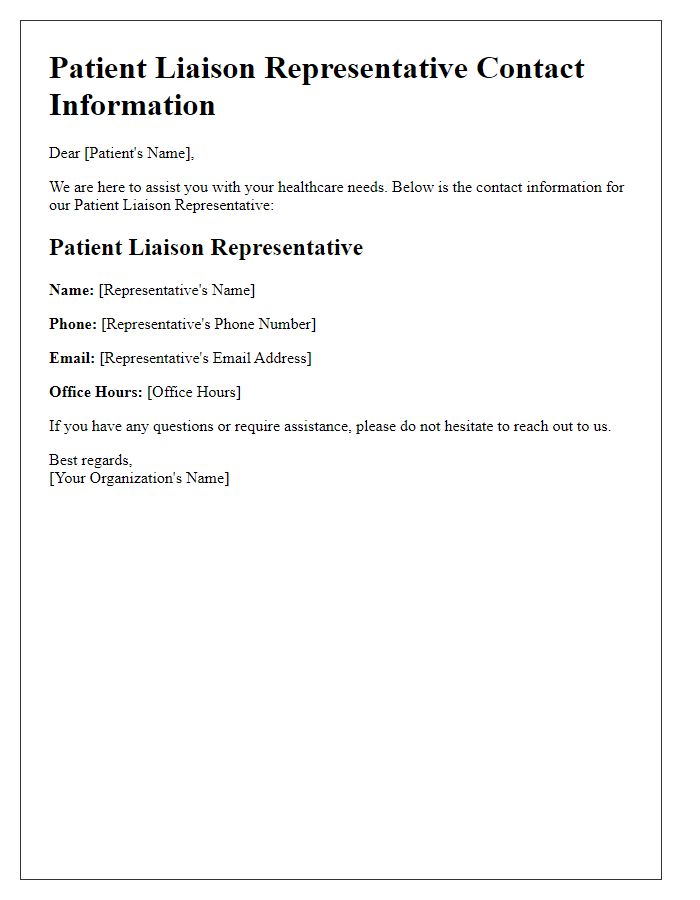 Letter template of patient liaison representative contact info