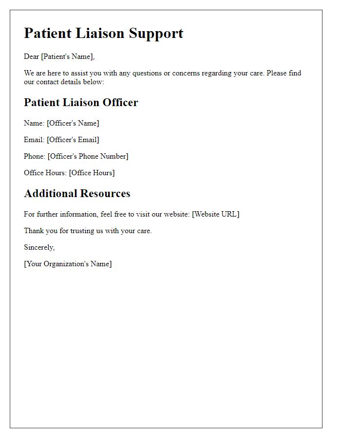 Letter template of patient liaison support contact details