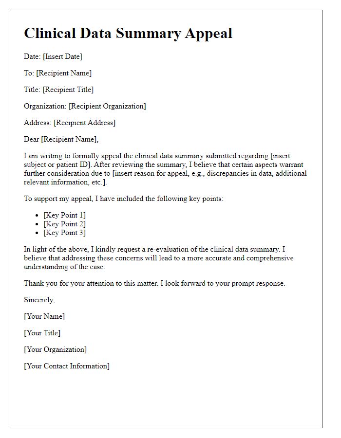 Letter template of clinical data summary appeal