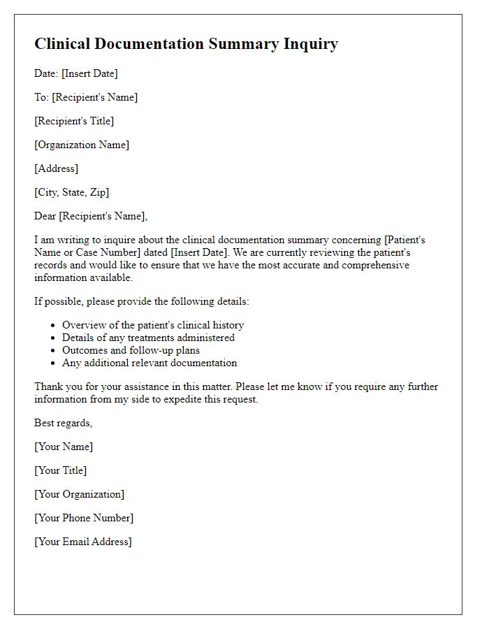 Letter template of clinical documentation summary inquiry