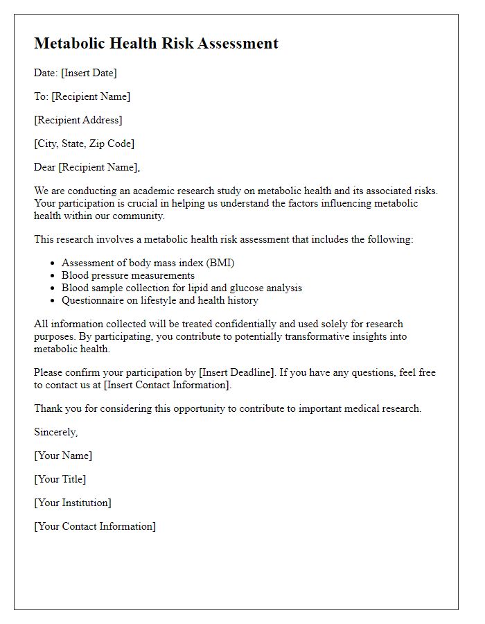 Letter template of metabolic health risk assessment for academic research.