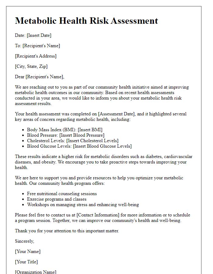 Letter template of metabolic health risk assessment for community health initiatives.