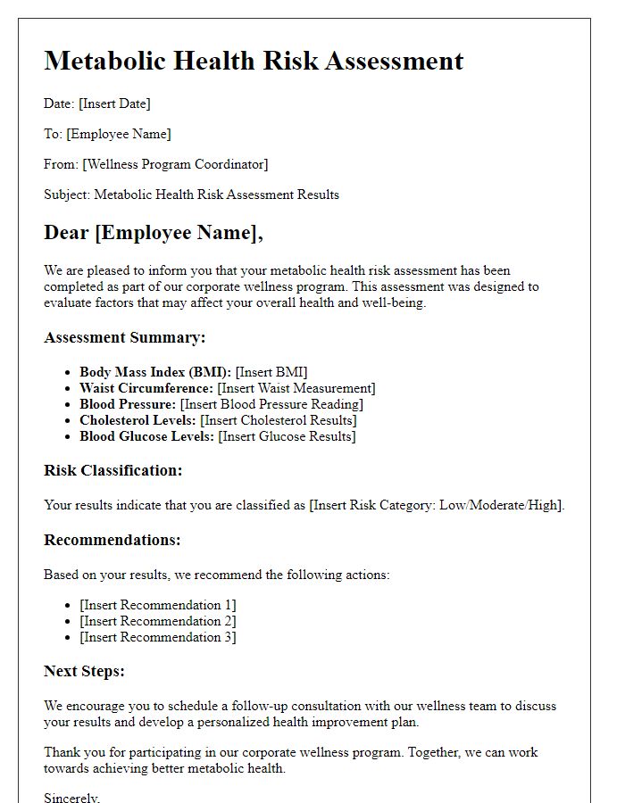 Letter template of metabolic health risk assessment for corporate wellness programs.