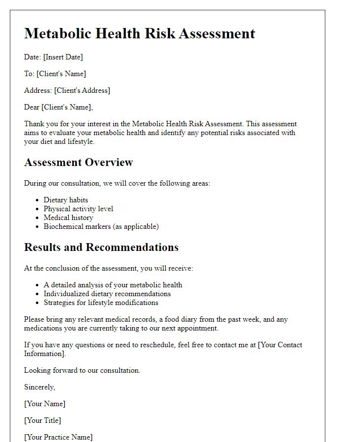 Letter template of metabolic health risk assessment for dietitian consultations.