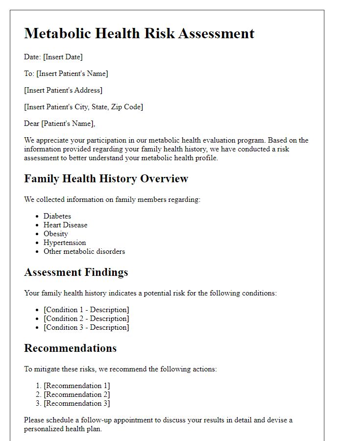 Letter template of metabolic health risk assessment for family health history evaluations.