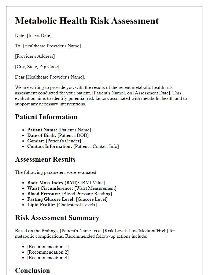 Letter template of metabolic health risk assessment for healthcare providers.