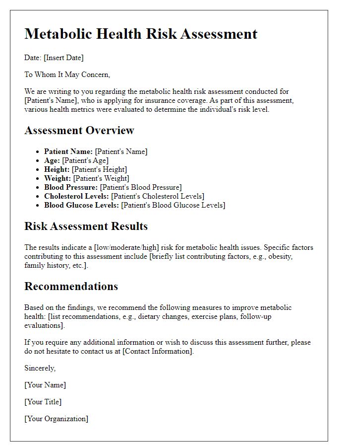 Letter template of metabolic health risk assessment for insurance purposes.