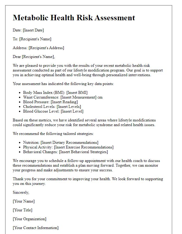 Letter template of metabolic health risk assessment for lifestyle modification programs.