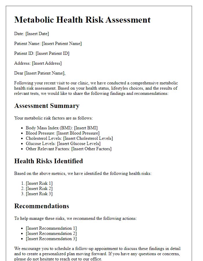 Letter template of metabolic health risk assessment for patients.