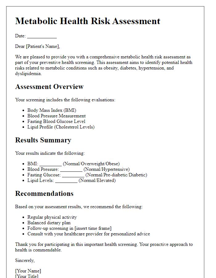 Letter template of metabolic health risk assessment for preventive health screenings.