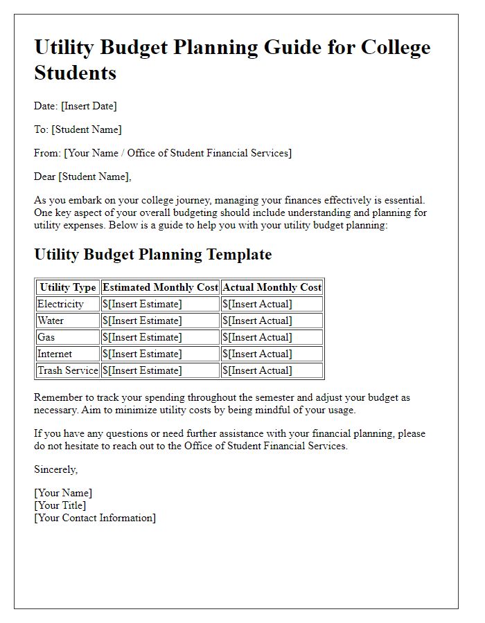 Letter template of Utility Budget Planning Guide for College Students