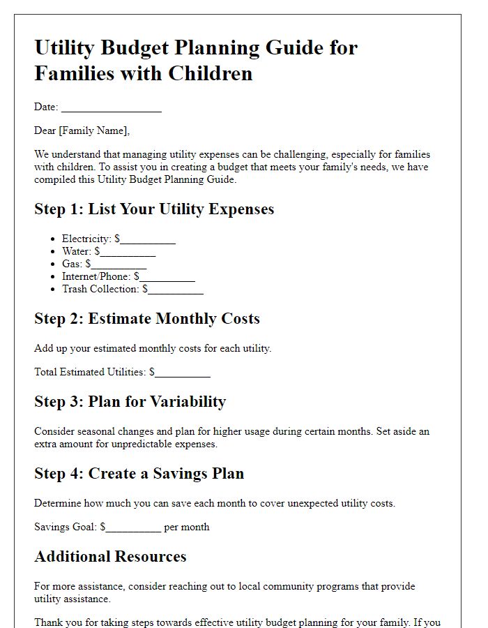 Letter template of Utility Budget Planning Guide for Families with Children