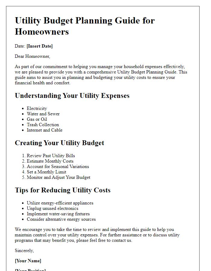 Letter template of Utility Budget Planning Guide for Homeowners