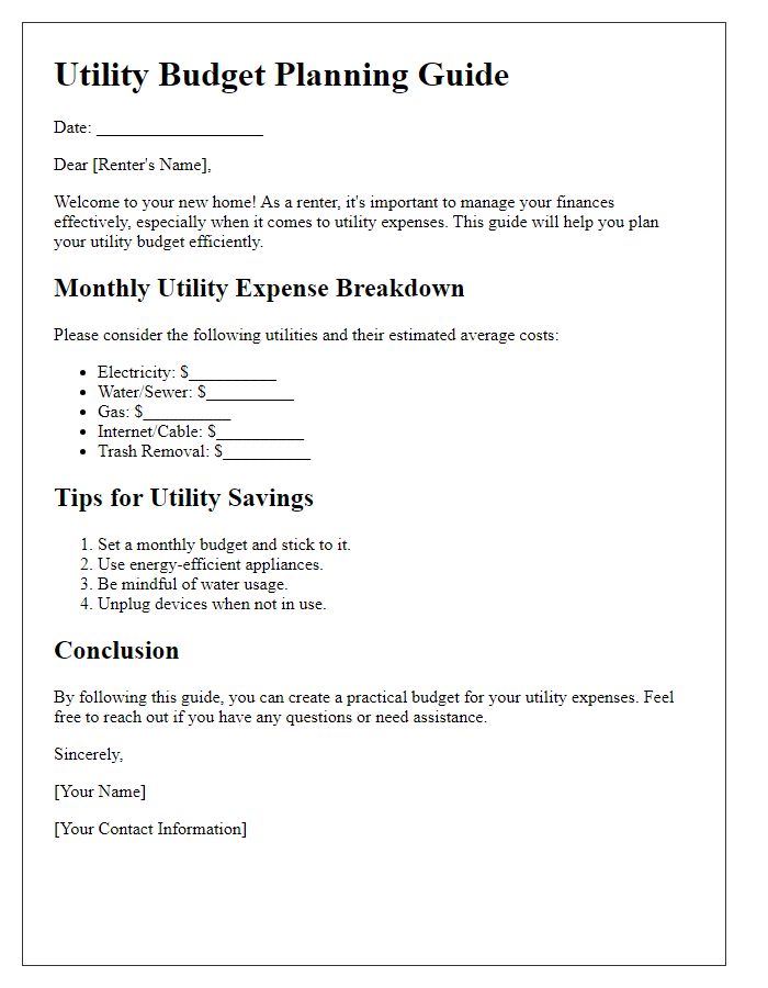 Letter template of Utility Budget Planning Guide for Renters