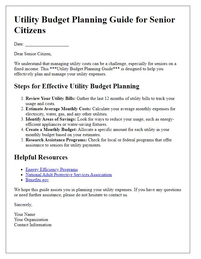 Letter template of Utility Budget Planning Guide for Senior Citizens