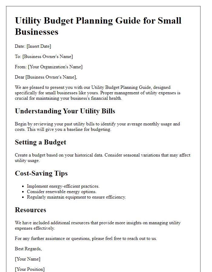 Letter template of Utility Budget Planning Guide for Small Businesses