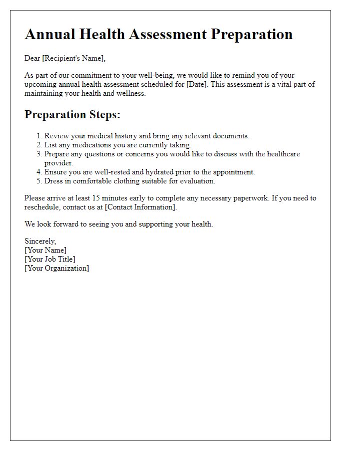 Letter template of annual health assessment preparation