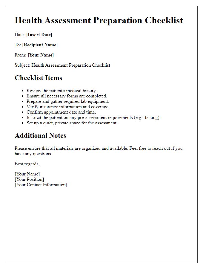 Letter template of health assessment preparation checklist