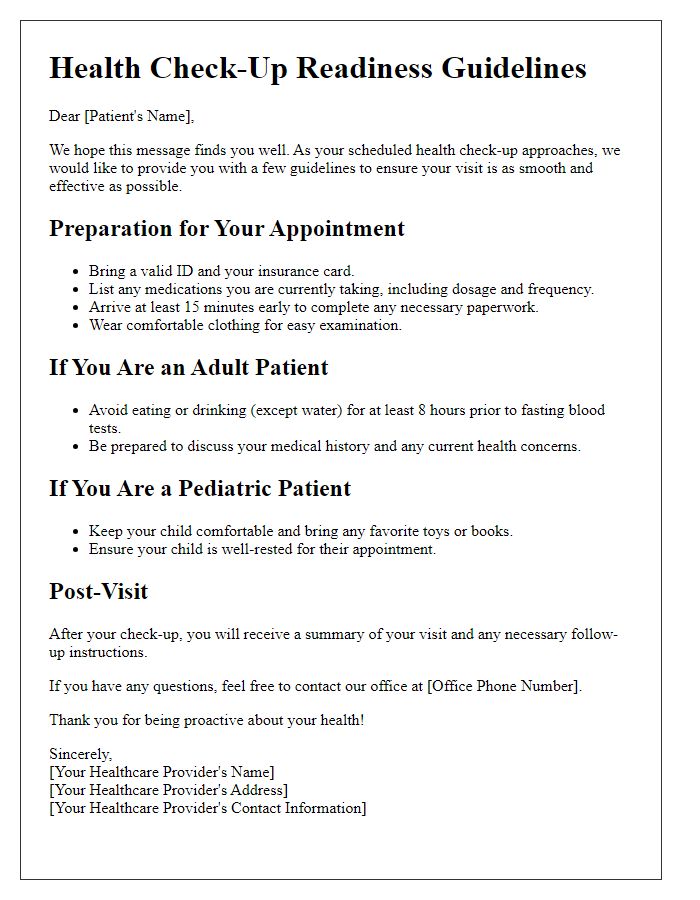 Letter template of health check-up readiness guidelines