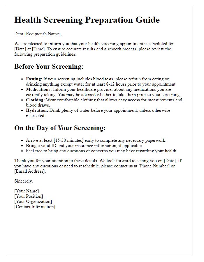 Letter template of health screening preparation guide