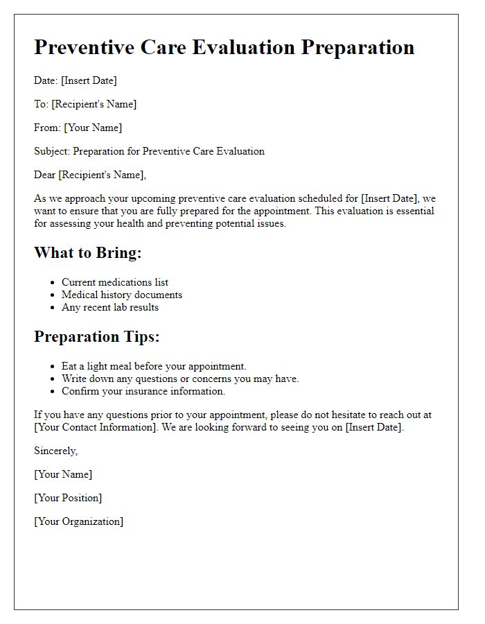 Letter template of preventive care evaluation preparation