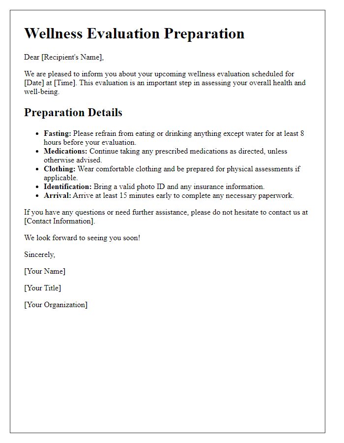 Letter template of wellness evaluation preparation details