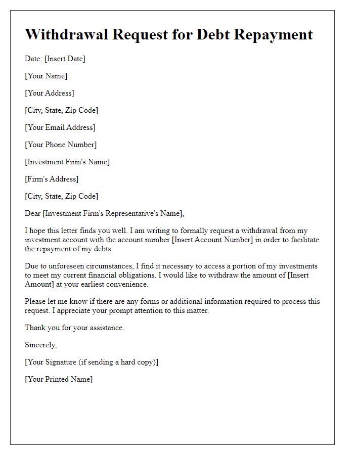 Letter template of investment account withdrawal for debt repayment