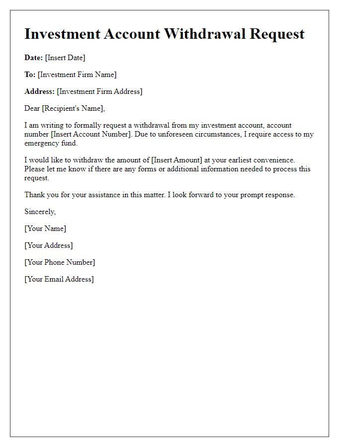 Letter template of investment account withdrawal for emergency fund access