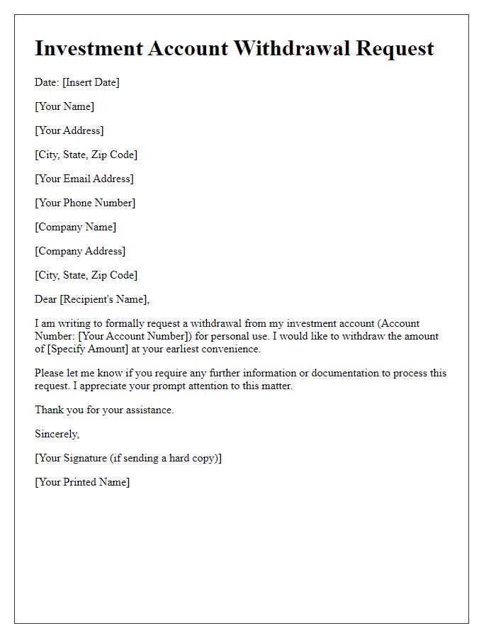 Letter template of investment account withdrawal request for personal use